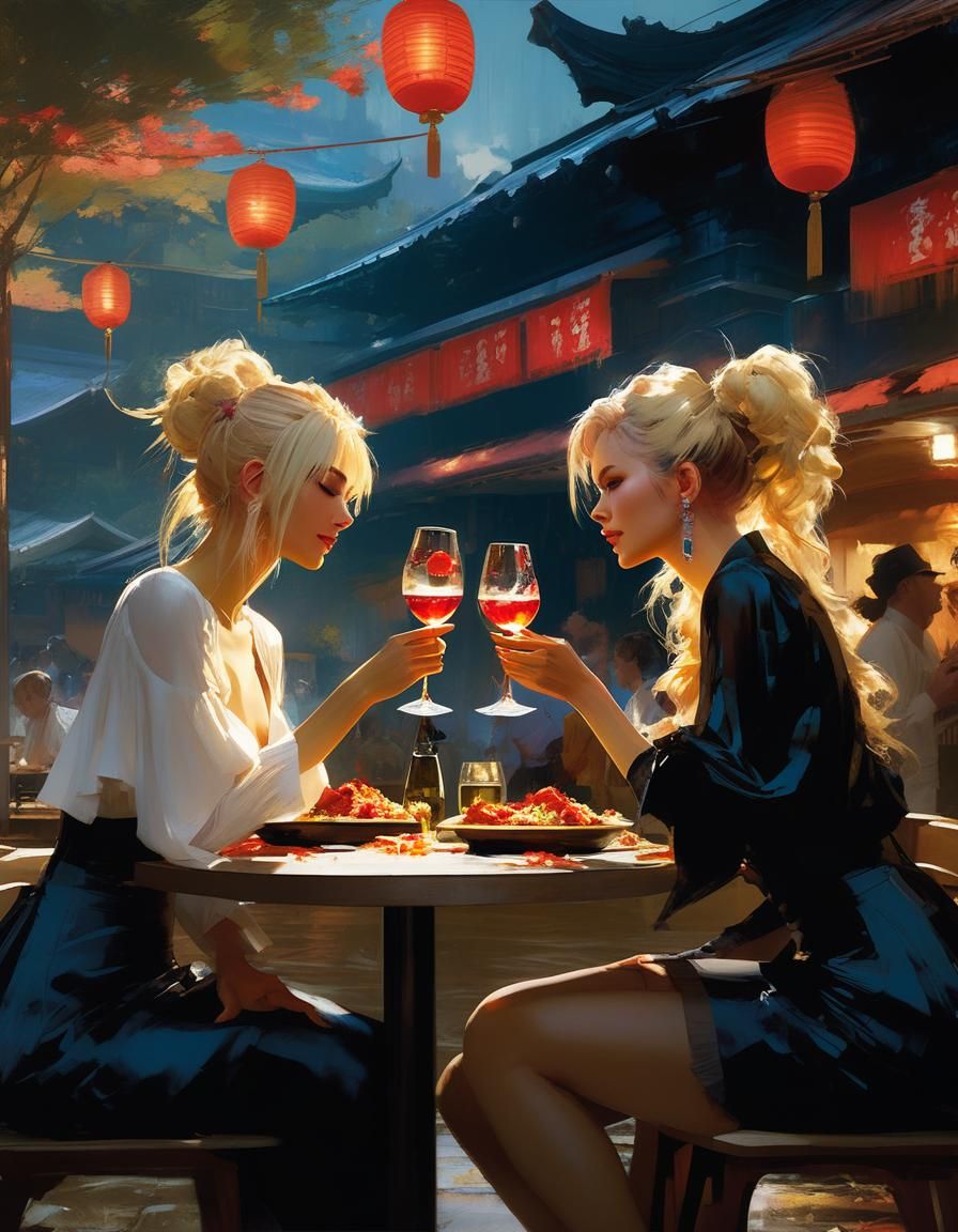 Two Ladies Dining: Figurative Concept Art