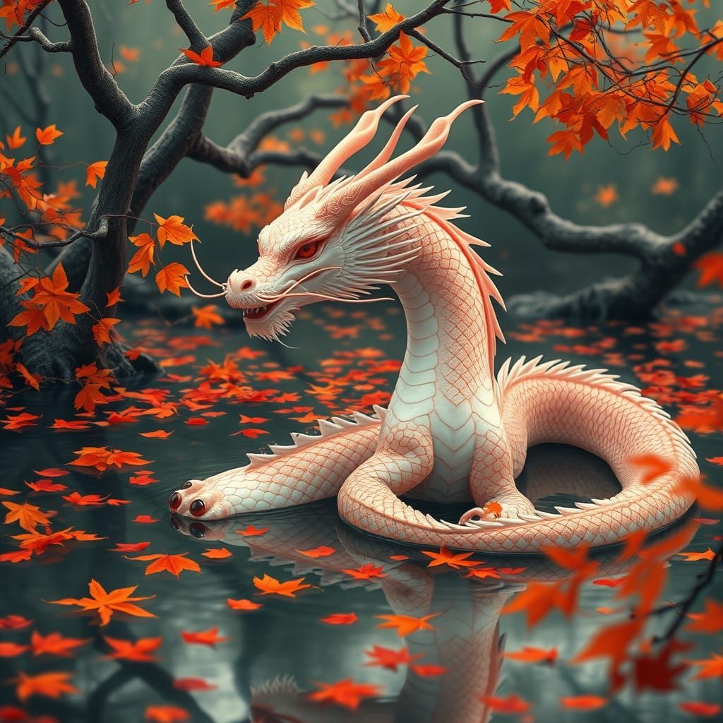 Eastern Dragon in Autumn Pond, Ethereal Style