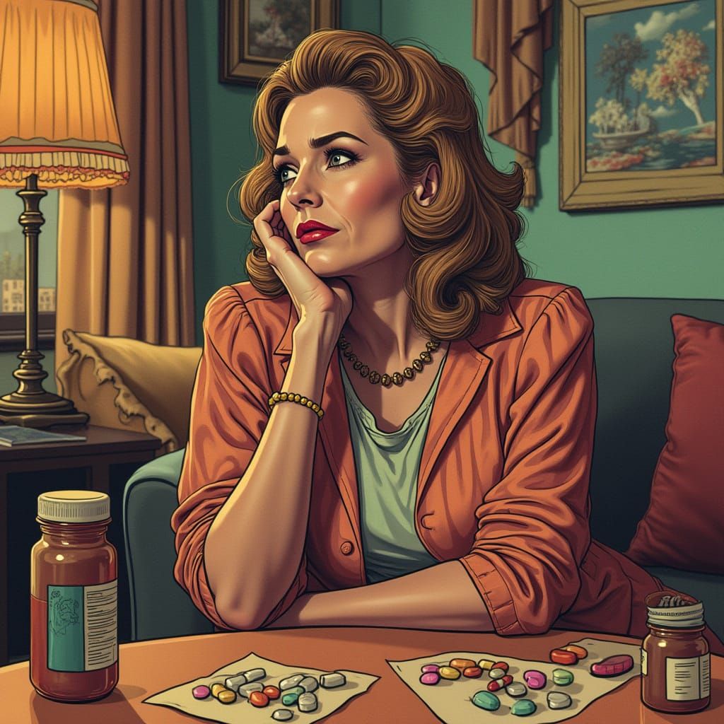 Stressed Woman with Pills in Psychedelic Style