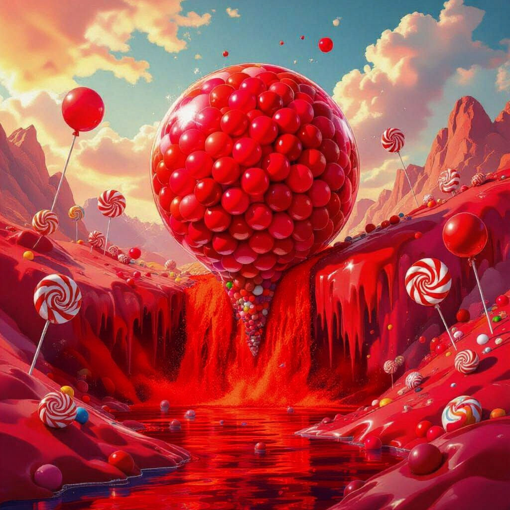 Fire-Red Gumball Waterfall in a Candy Fantasy Landscape