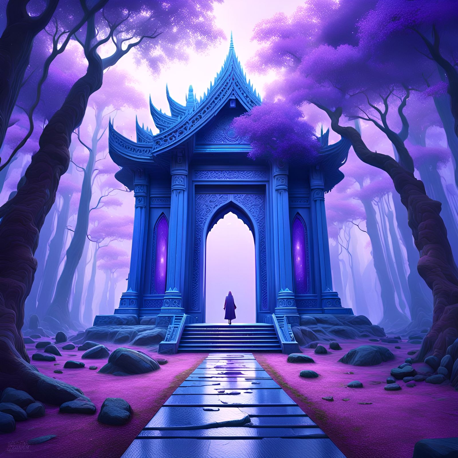 A Purple Temple Hidden in the depths of a purple forest.