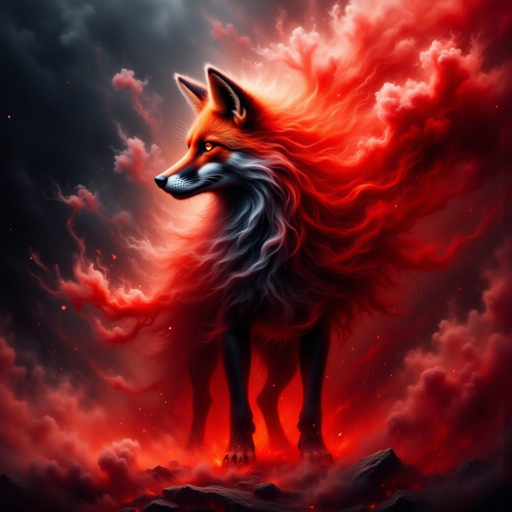 Majestic Fox in Red Smoke, Glowing Eyes