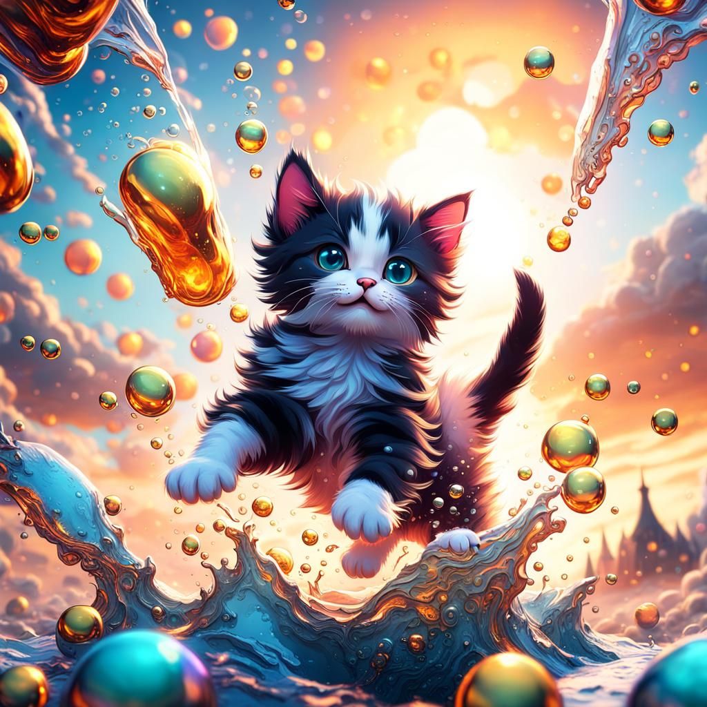Kitten's Sunset Leap: Fantastical Digital Art