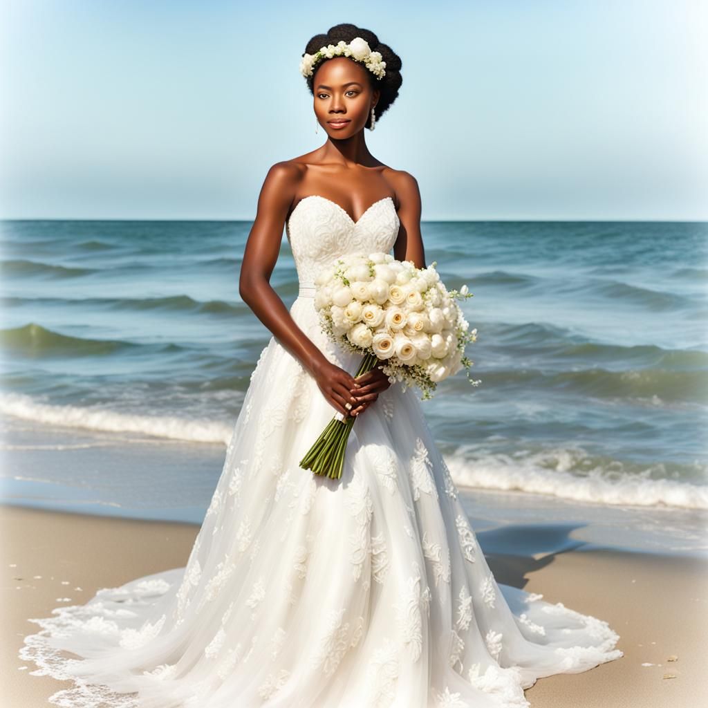 Beautiful African American Beach Bride in Realistic Photo