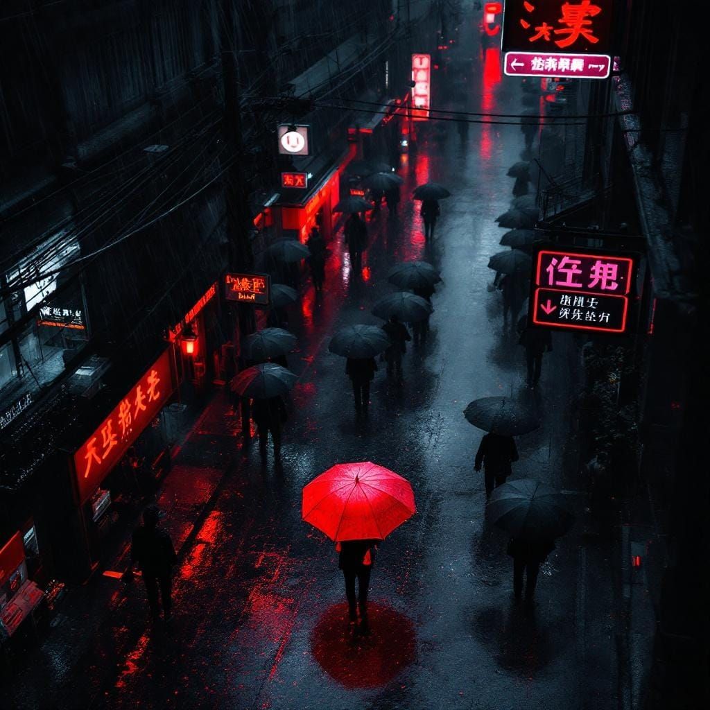 Aerial View: Red Umbrella in Rain, Futuristic Style