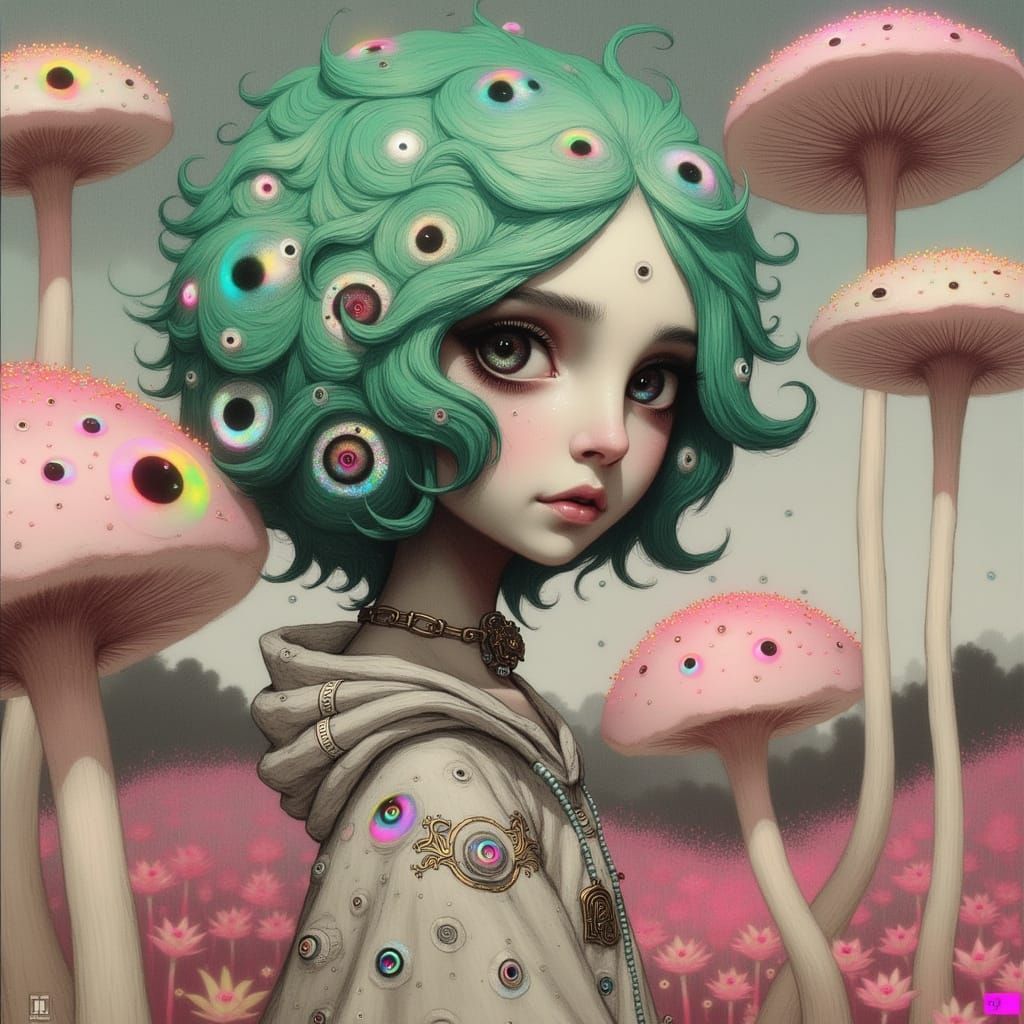 Ethereal Woman Surrounded by Iridescent Toadstools in a Surr...