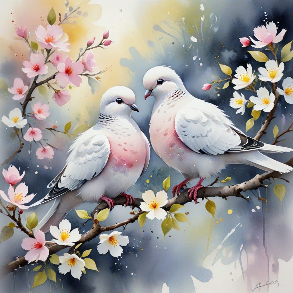Pastel Doves Nesting in Impressionist Watercolor Painting