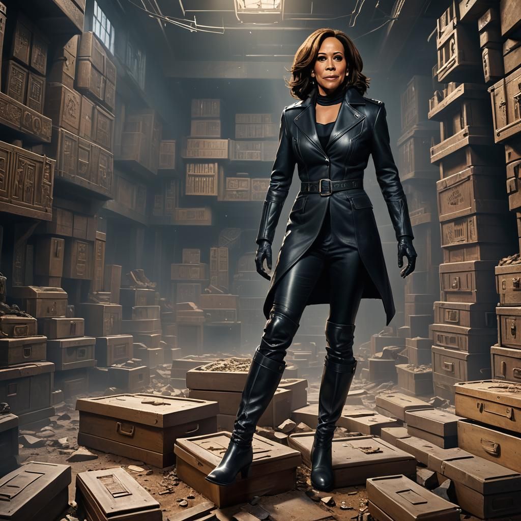 Mature Woman in Leather in Coffin Vault, Detailed Matte Pain...