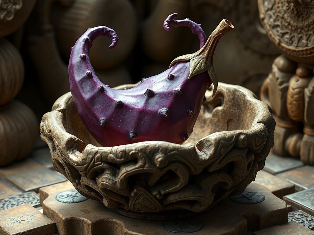 Alien Fruit in Stone Bowl, Surreal Fantasy Art