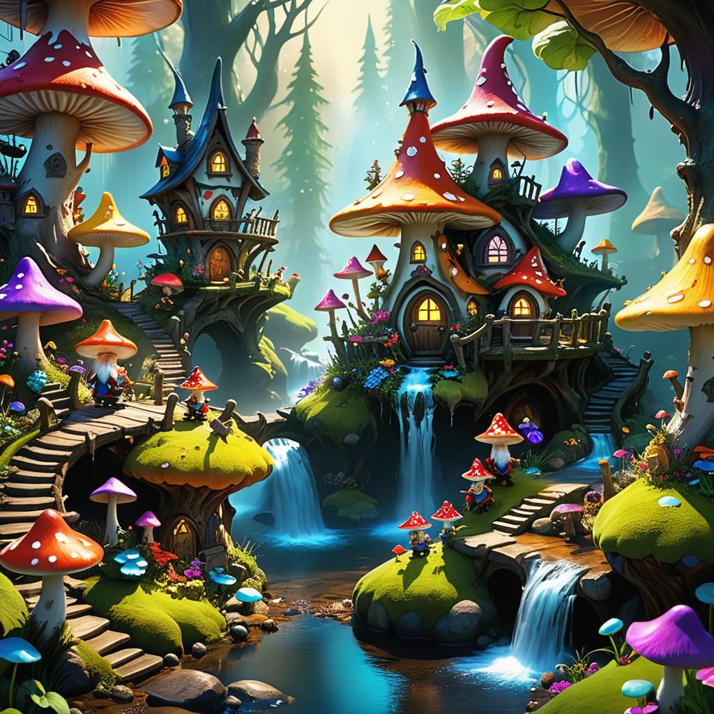 Gnomes and Elves in Fungal Town: Dark Fantasy Art