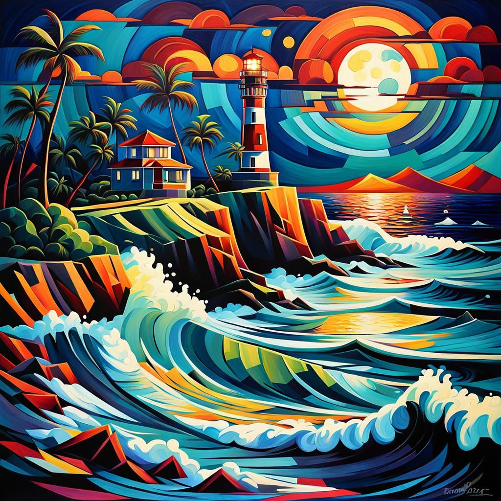 Moonlit Hawaiian Coastline in Cubist Art Deco Style