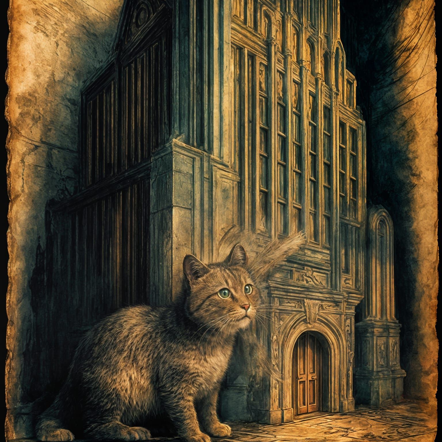 Cat Discovering a Tiny Door: Golden Age Illustration