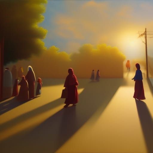 Girl Walking in Dawn Market with Heavenly Light