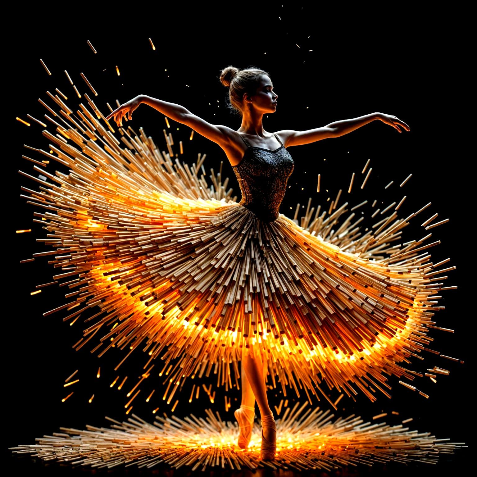 Ballerina with matchstick tutu made entirely of matches