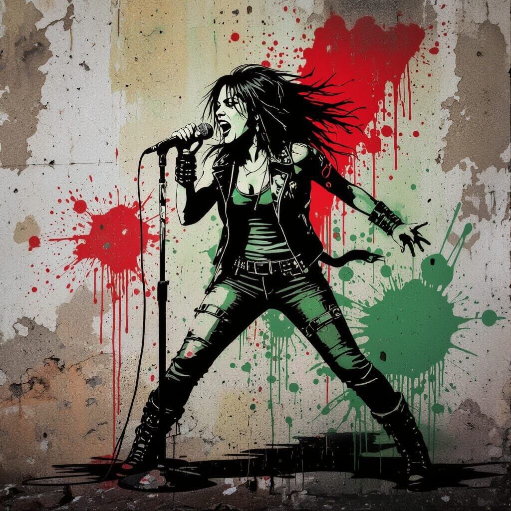 Passionate Female Rock Singer in Graffiti Stencil Art