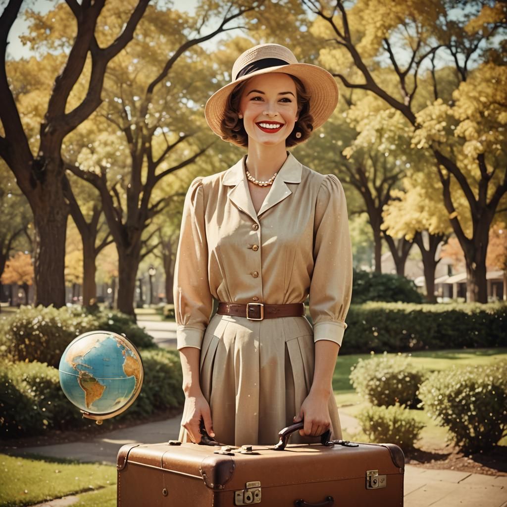 Vintage Travel Poster of Smiling Woman with Globe