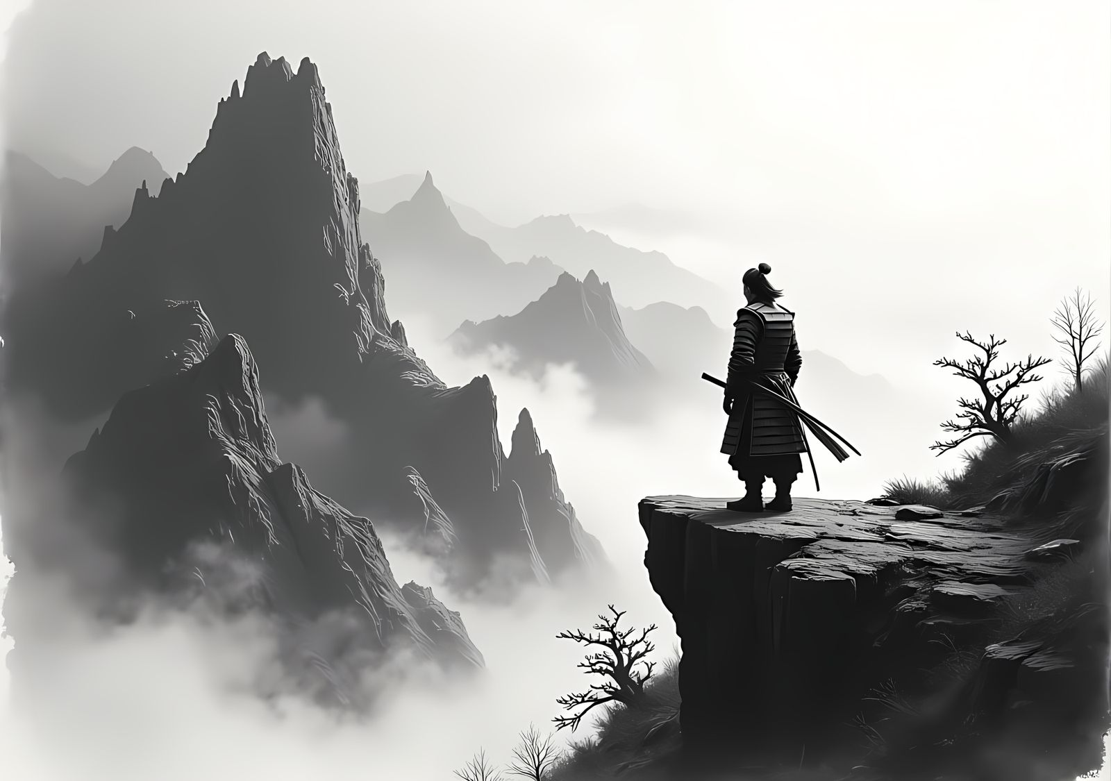 Musashi Miyamoto Charcoal Drawing on Fantasy Mountain
