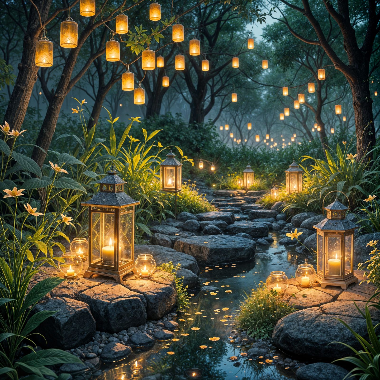 Dreamlike Twilight Garden with Lanterns and Fireflies