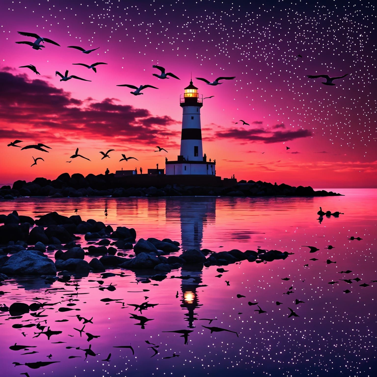Neon Sunset with Lighthouse and Sailboats