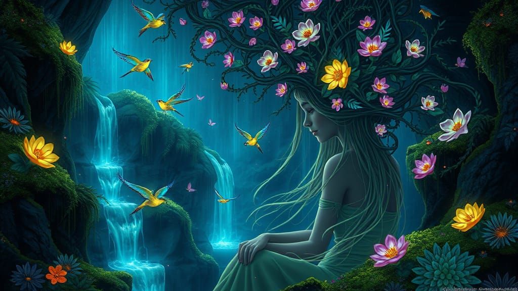 Bioluminescent Grotto: Woman with Floral Hair in Ethereal La...