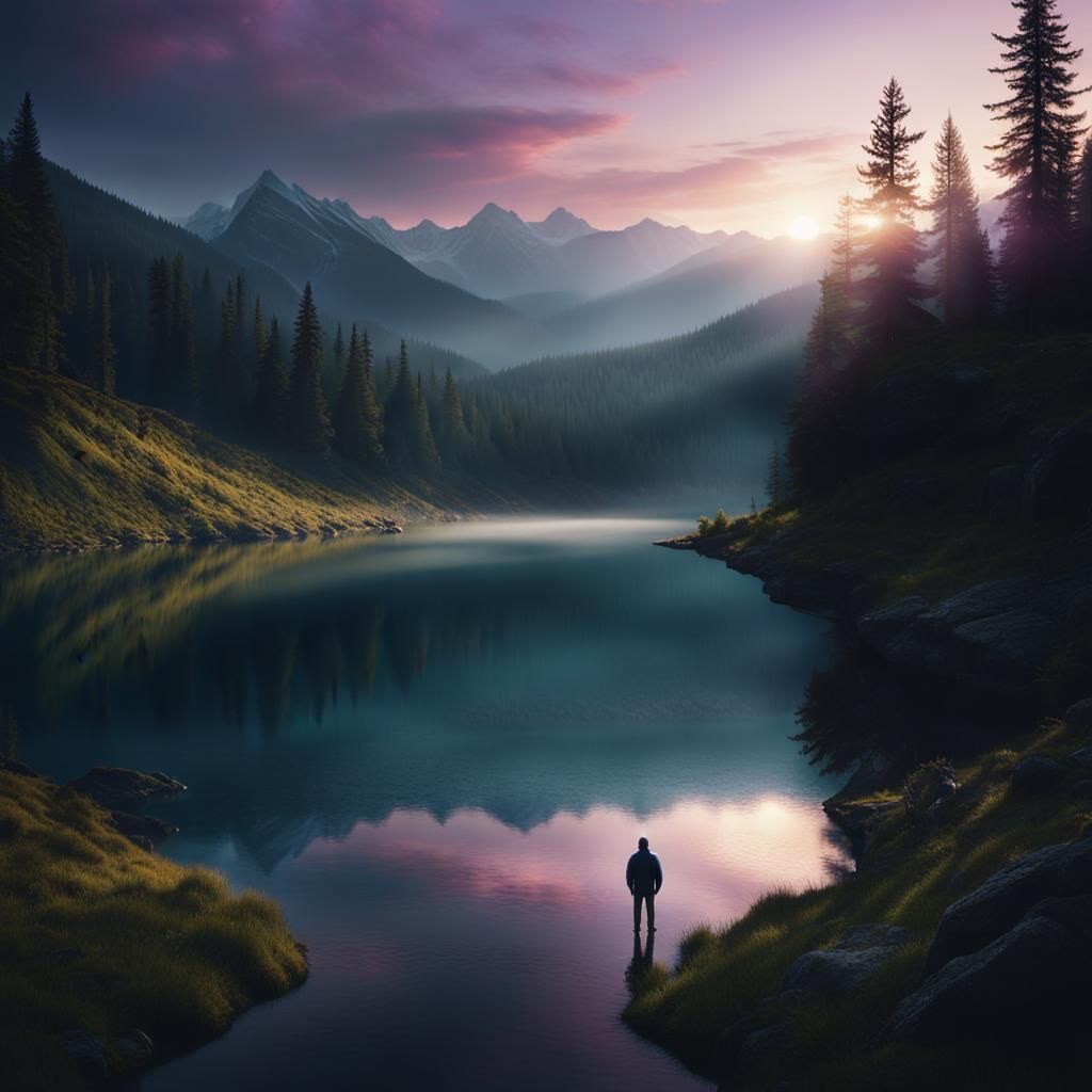 Alpine Lake Sunset: A Cinematic Film Still