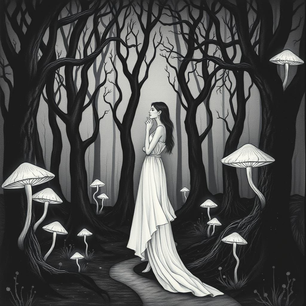 Surreal Forest Goddess in Monochromatic Dream