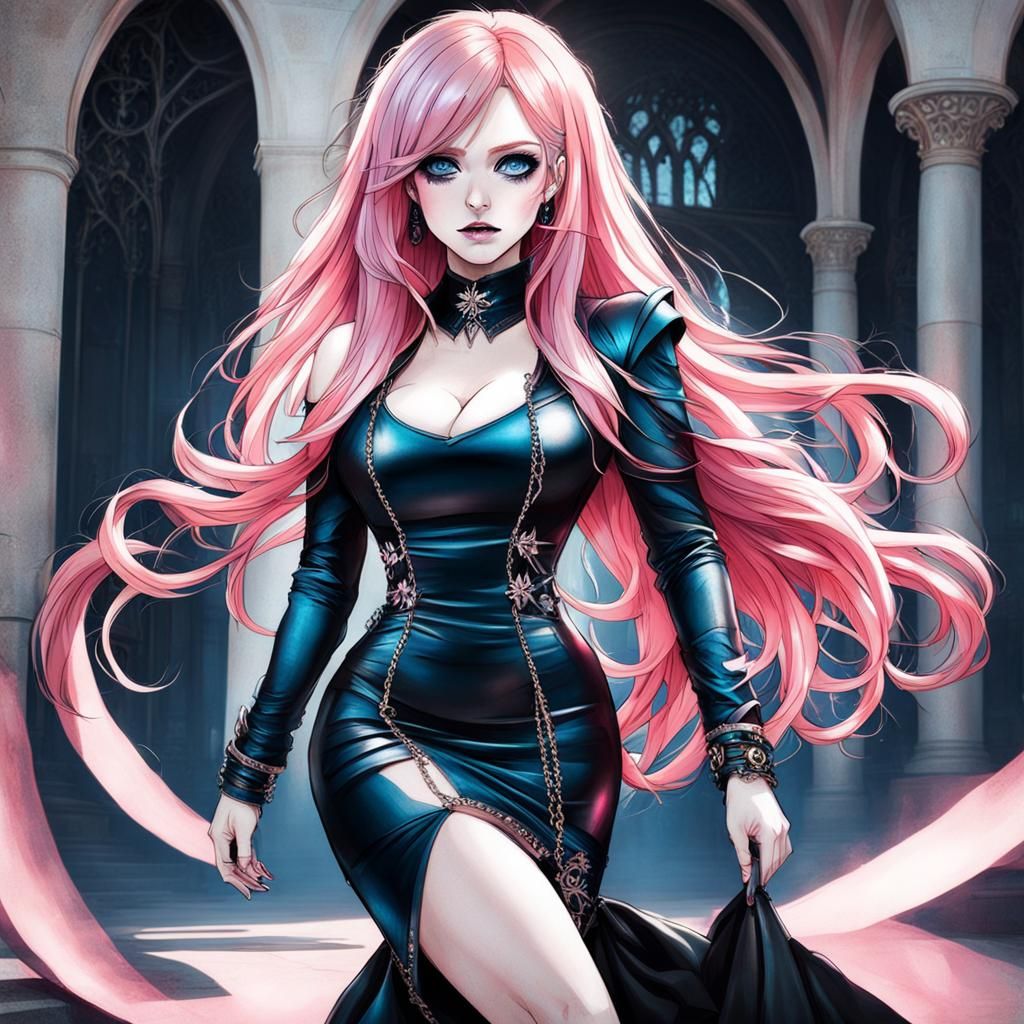 Pastel Gothic Woman with Pink Hair in Leather Dress