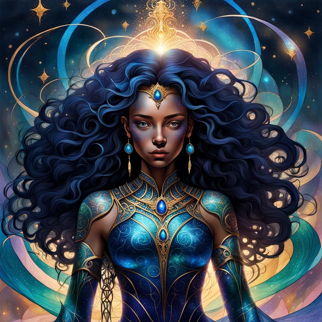 Celestial Woman in Crystal Armor, Dark Fantasy Style