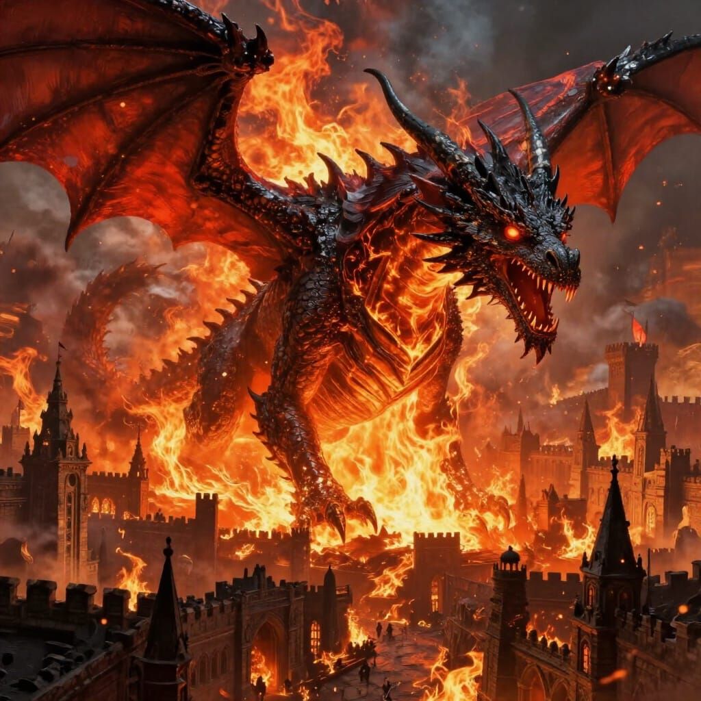 Colossal Dragon Destroys Medieval City in Fiery Onslaught