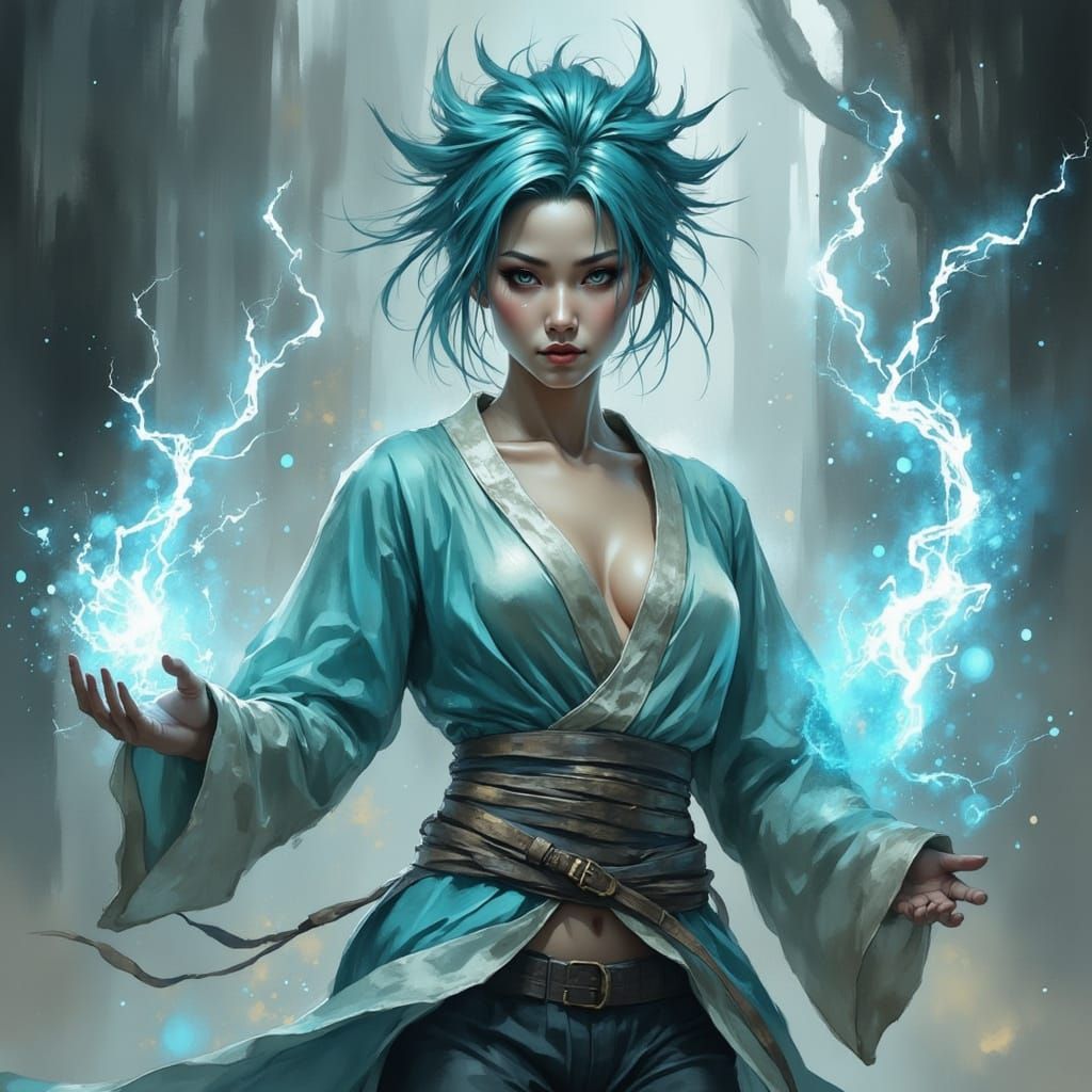 Teal-Haired Genasi Monk in Painterly Style