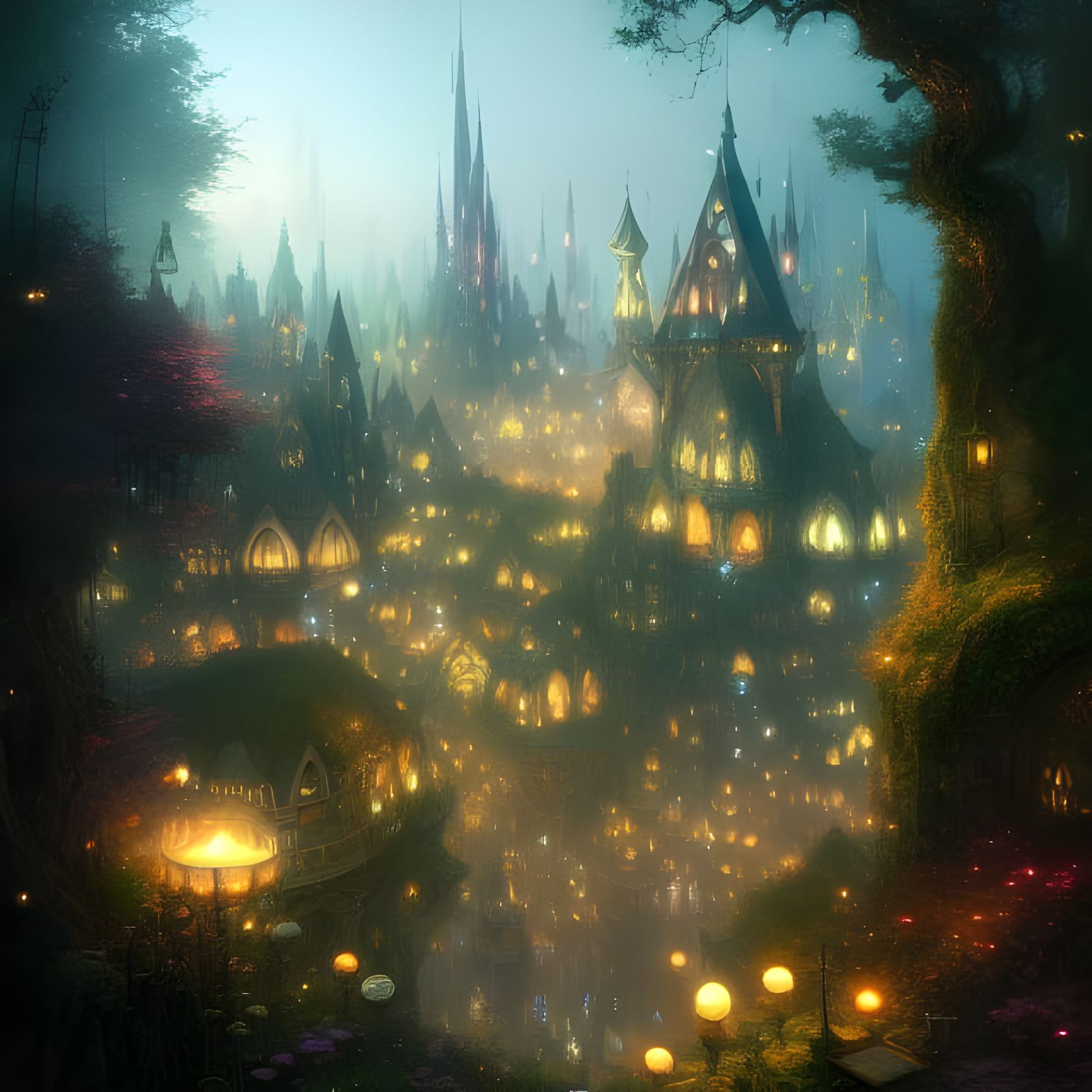Enchanting Fairy City Illustration in Warm Colors