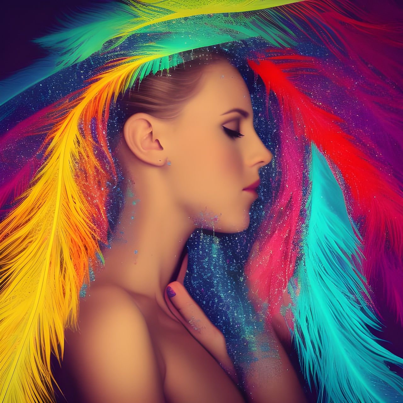 Glamorous Woman in Sparkling Feather Dress Under Dramatic Li...