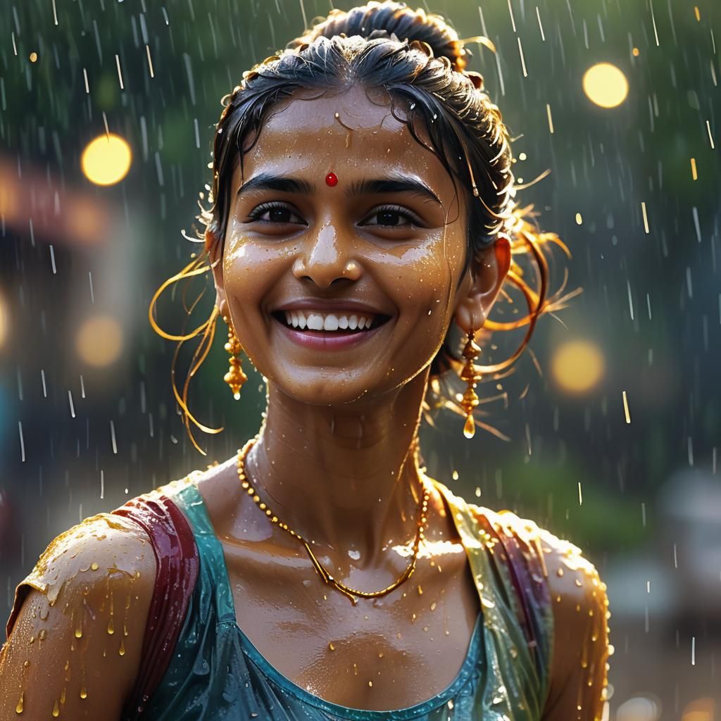 Indian Woman Dancing in Rain: Hyperdetailed Portrait