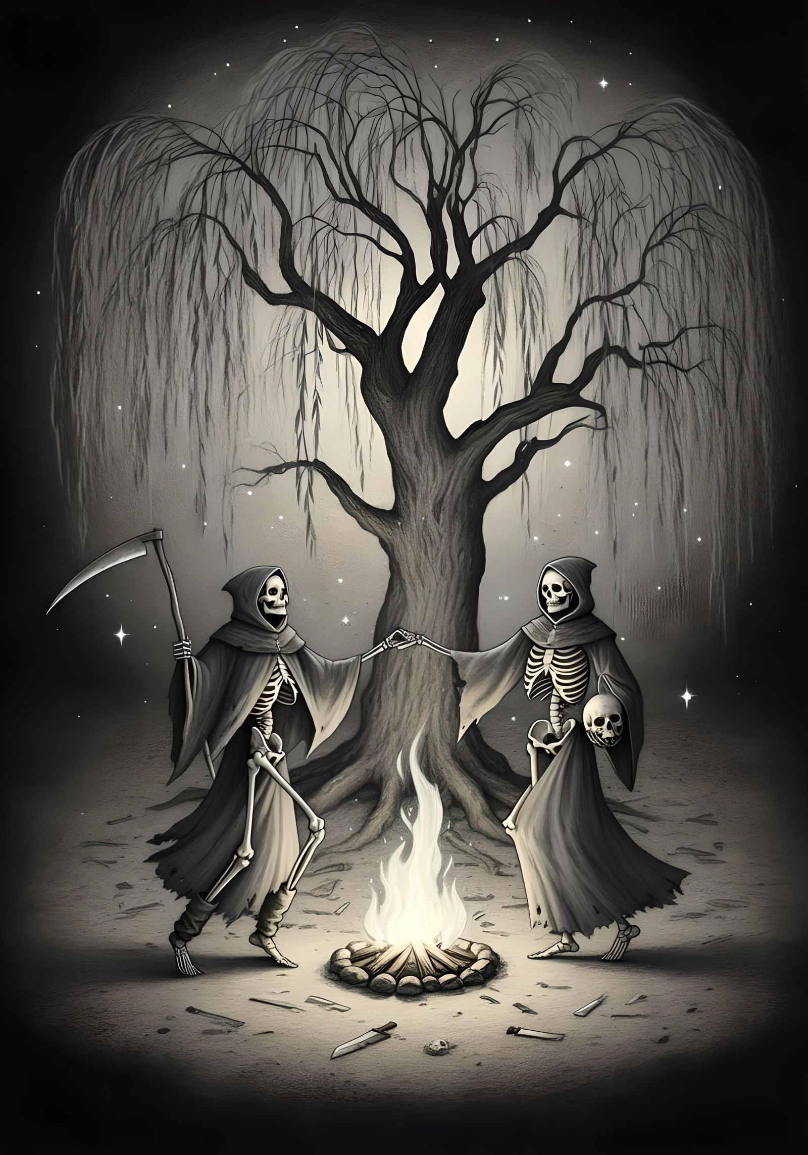 Medieval Skeletons Dance in Pencil Sketch