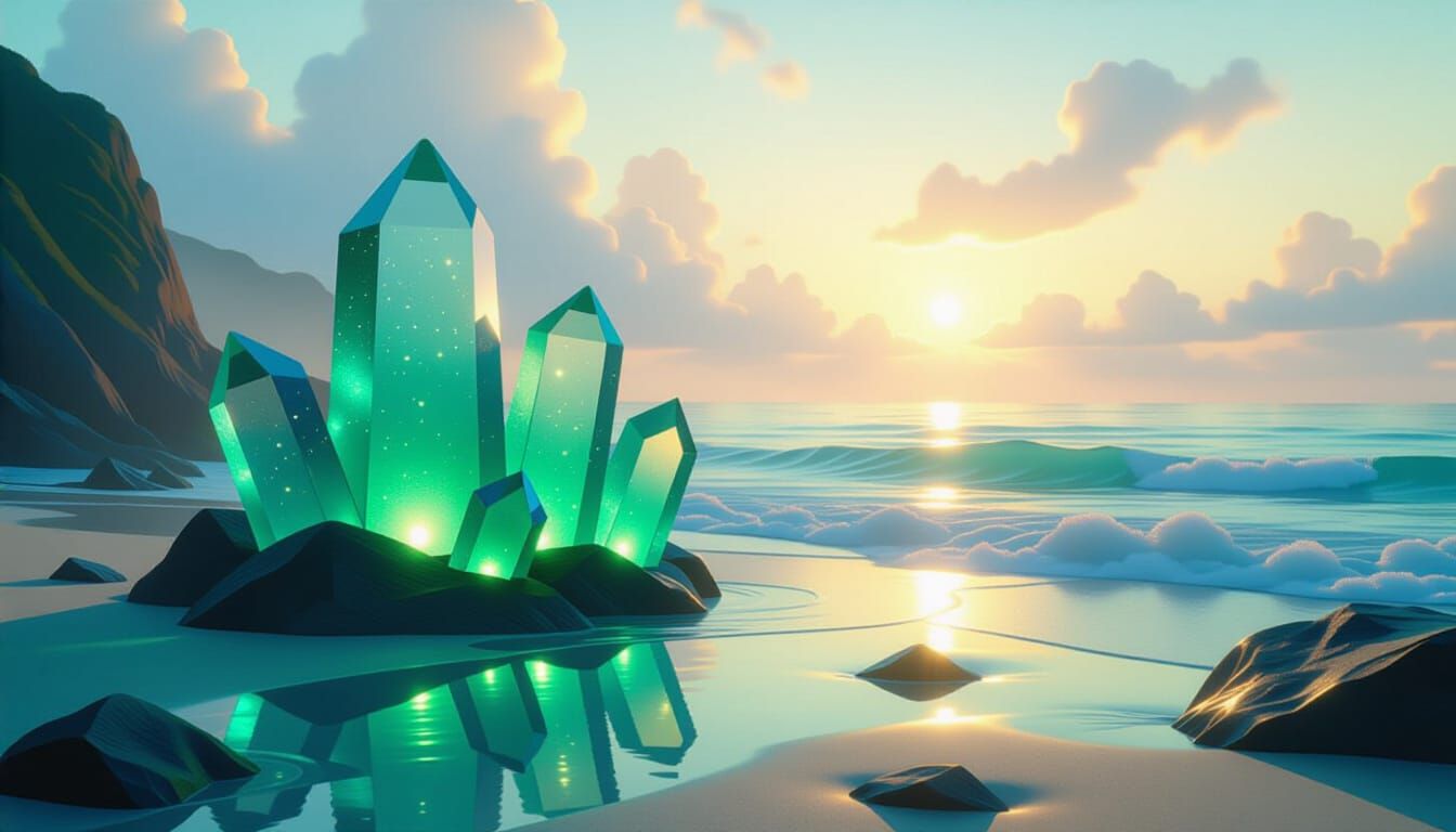 Glowing Sea Glass Sculptures on Coastal Shore