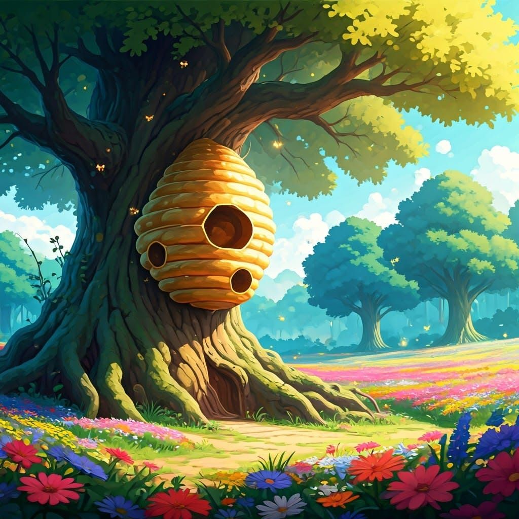 Golden Bee Hive Suspended in Century-Old Tree