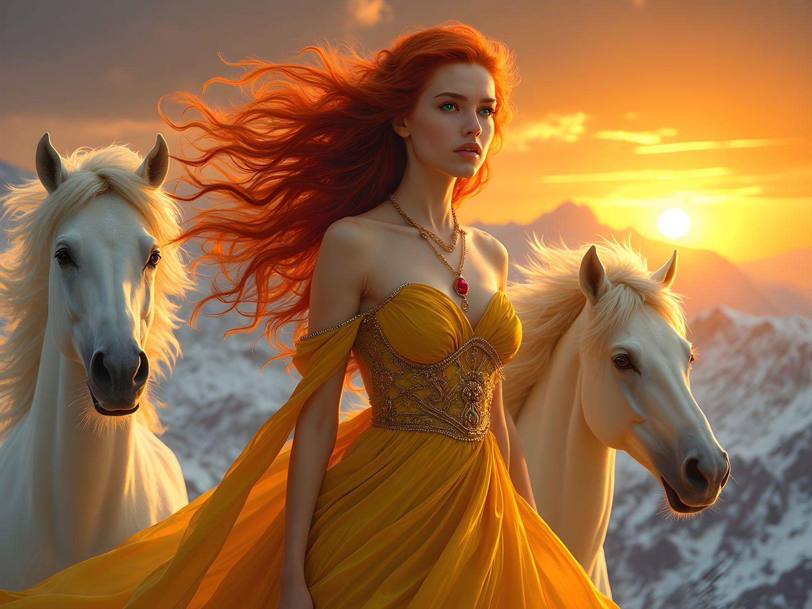 Norse Goddess Sól Rides Fiery Chariot: Hyperrealistic Oil Pa...