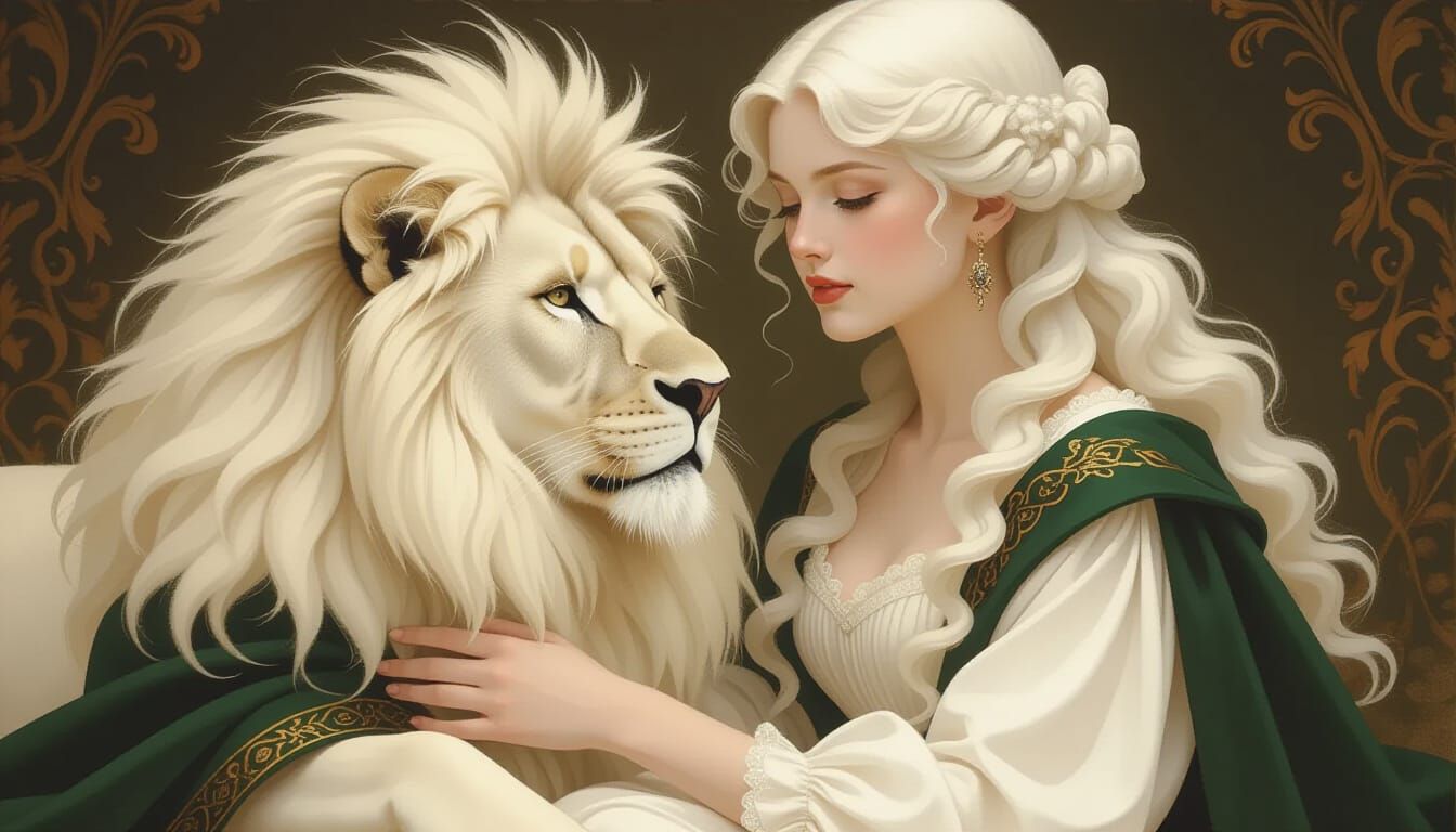 Young Woman in White Dress with White Lion, 19th Century Rom...