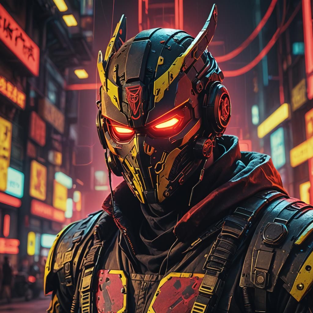 Masked Cybersamurai Headshot in Cyberpunk Style
