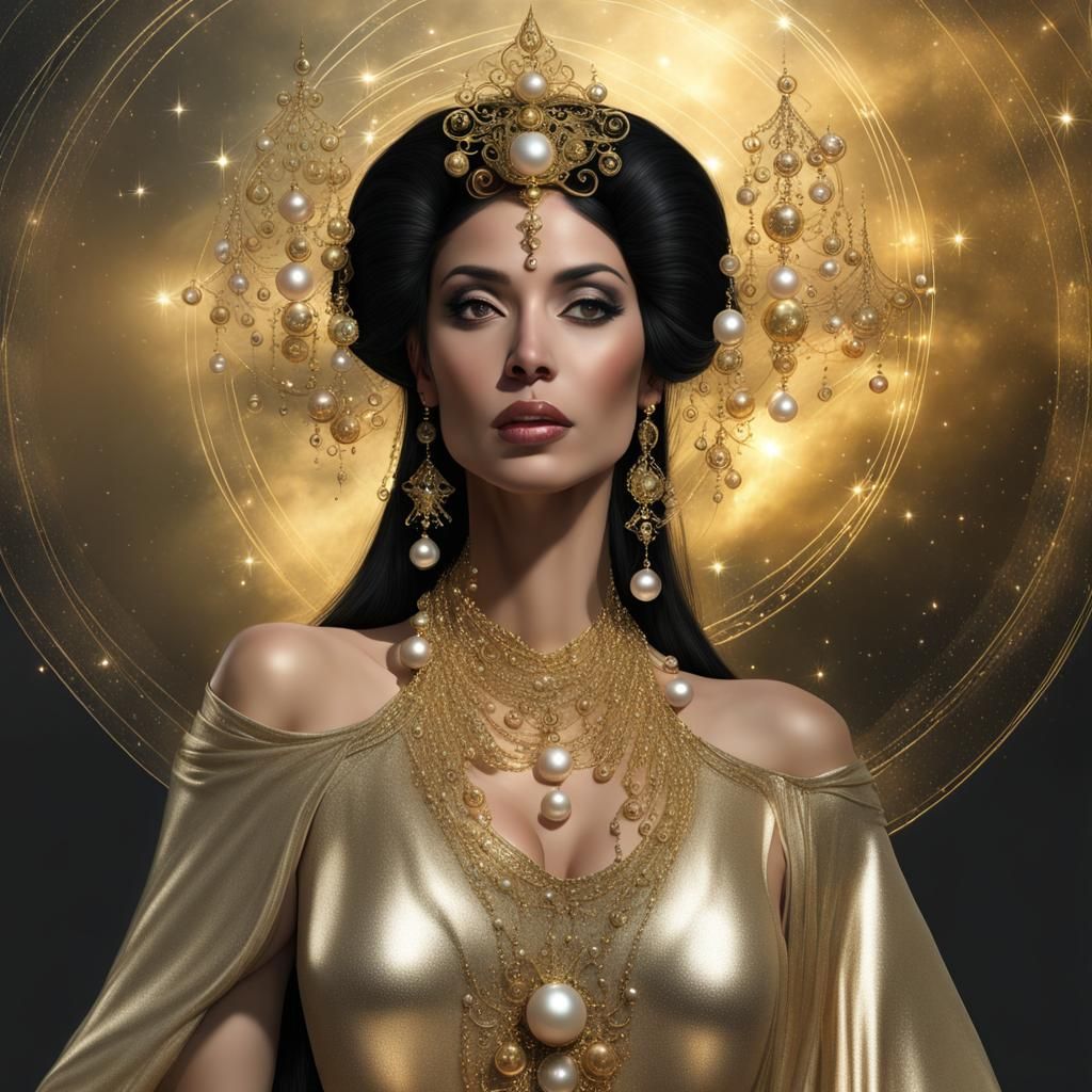 Celestial Spanish Woman with Golden Orbs, Surrealist Paintin...