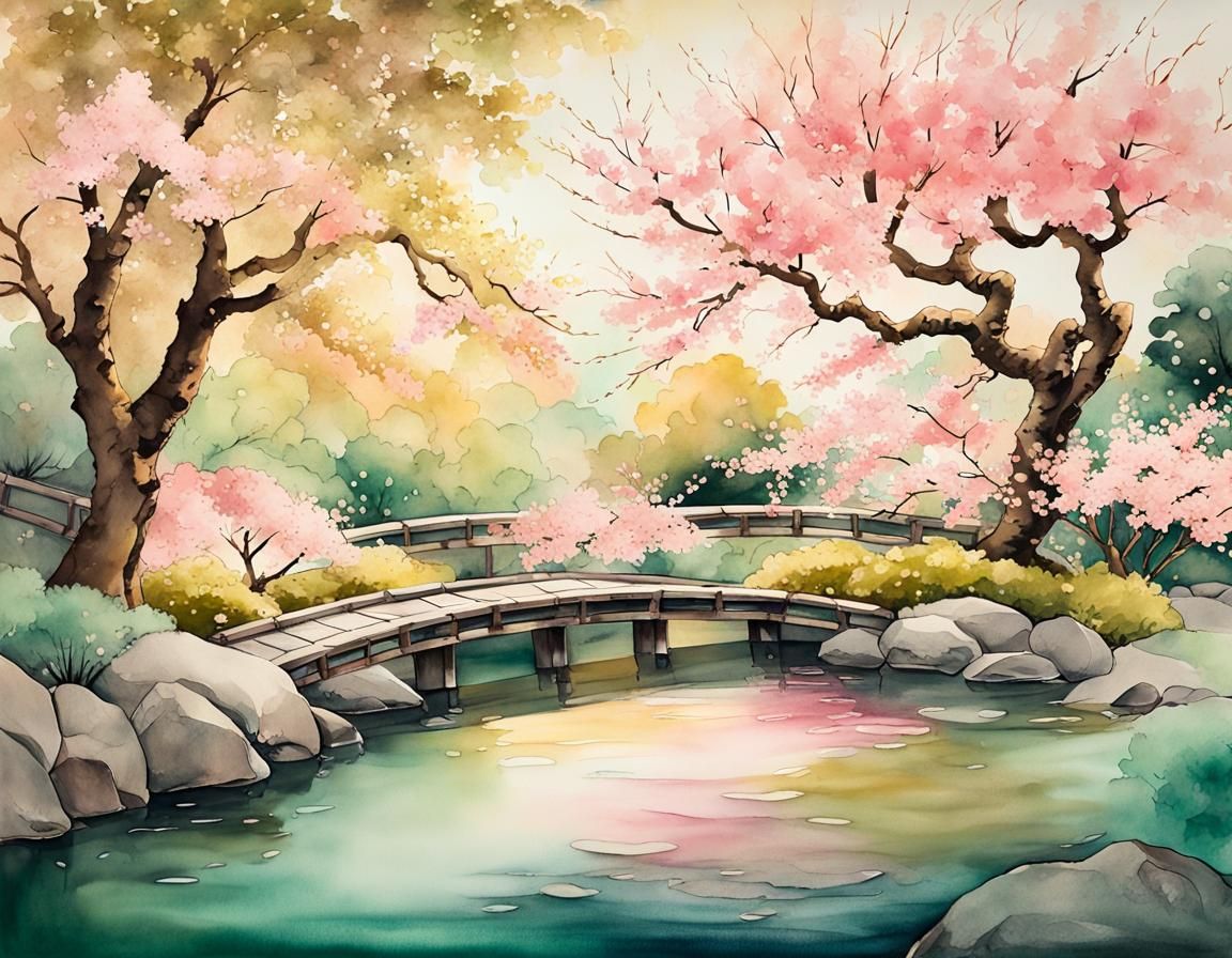 Japanese Garden Cherry Blossoms in Ukiyo-e Style