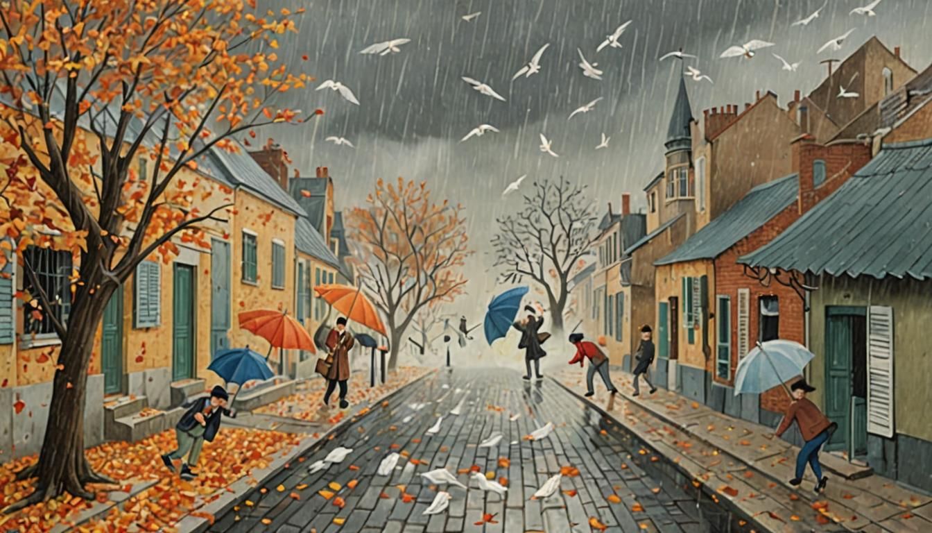 Naive Painting of Autumn Storm on a Street