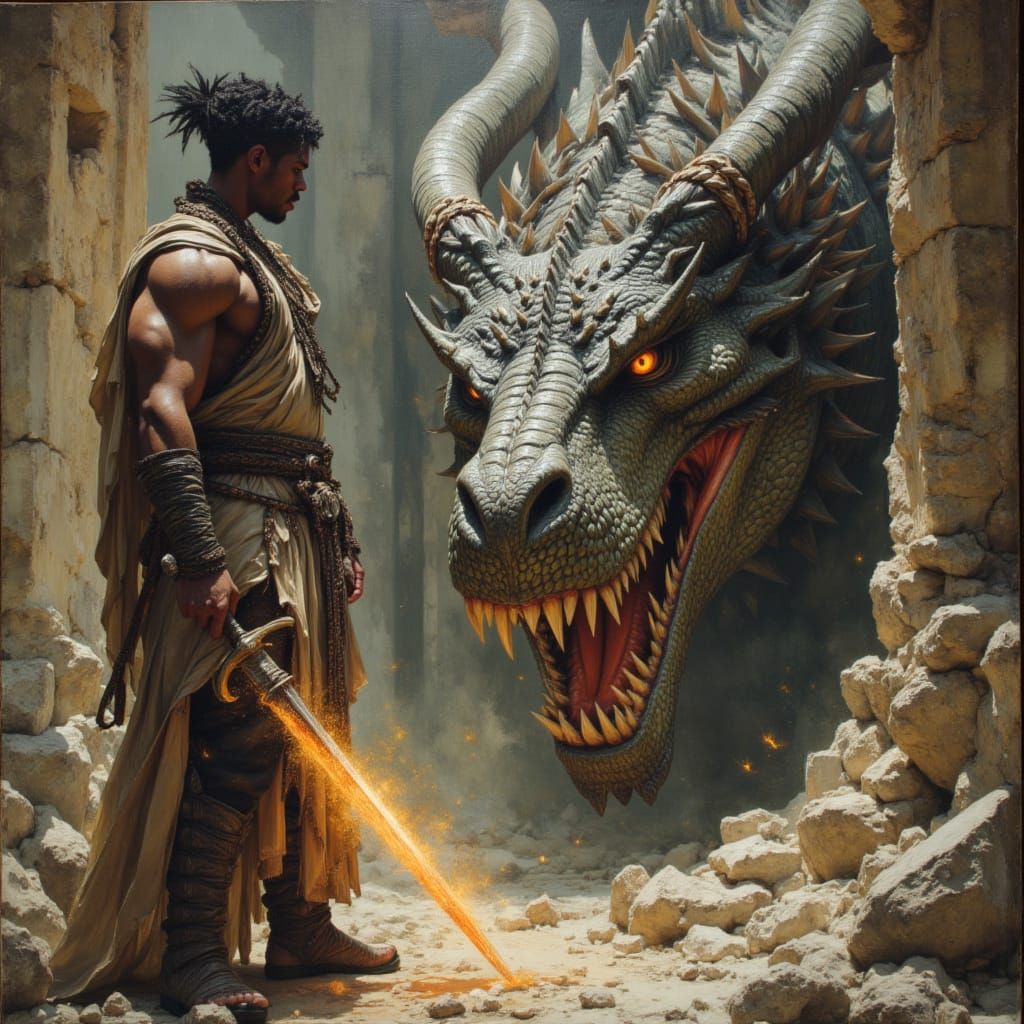 Warrior God Faces Dragon in Divine Oil Painting Style