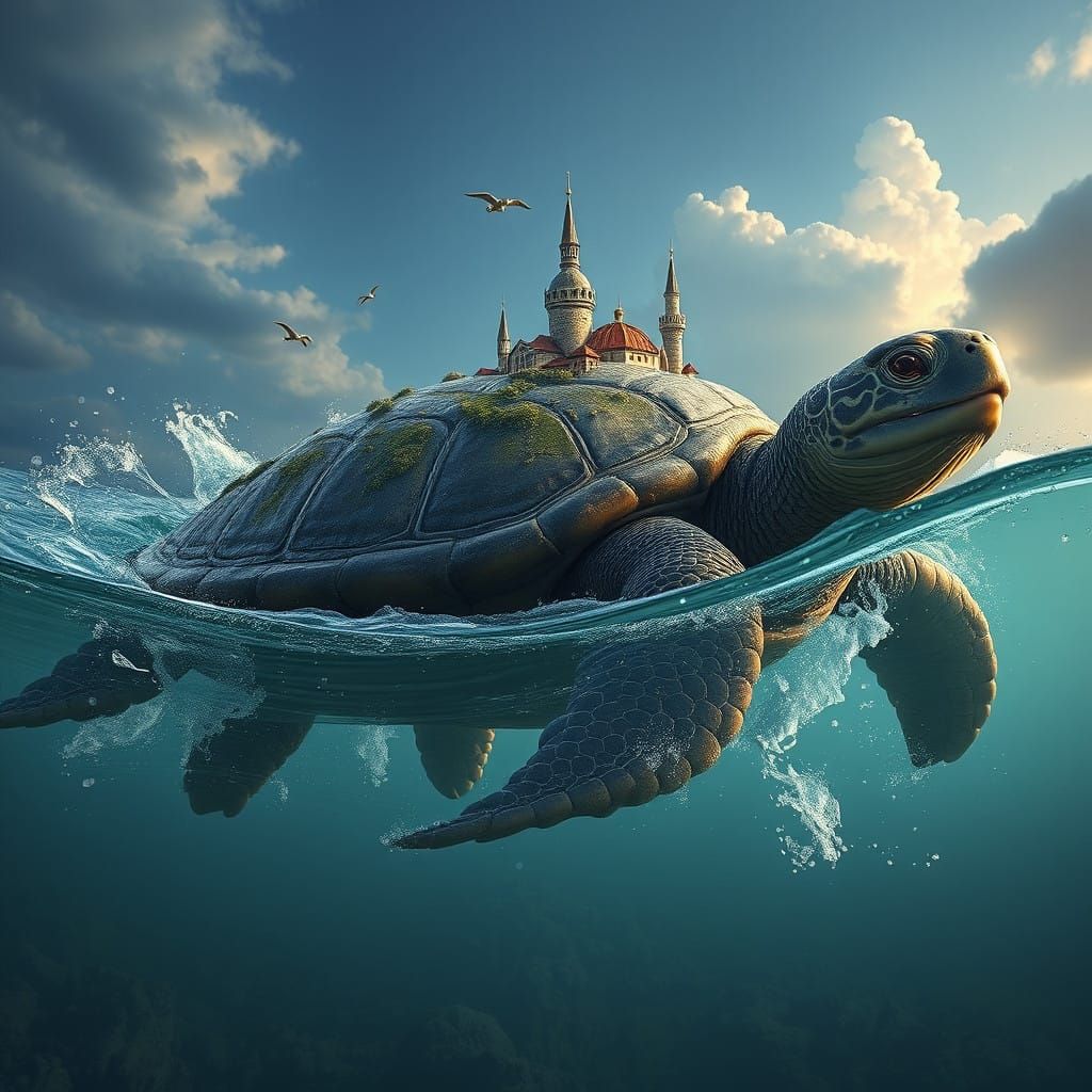 Giant Turtle Cityscape in Vibrant Fantasy Style