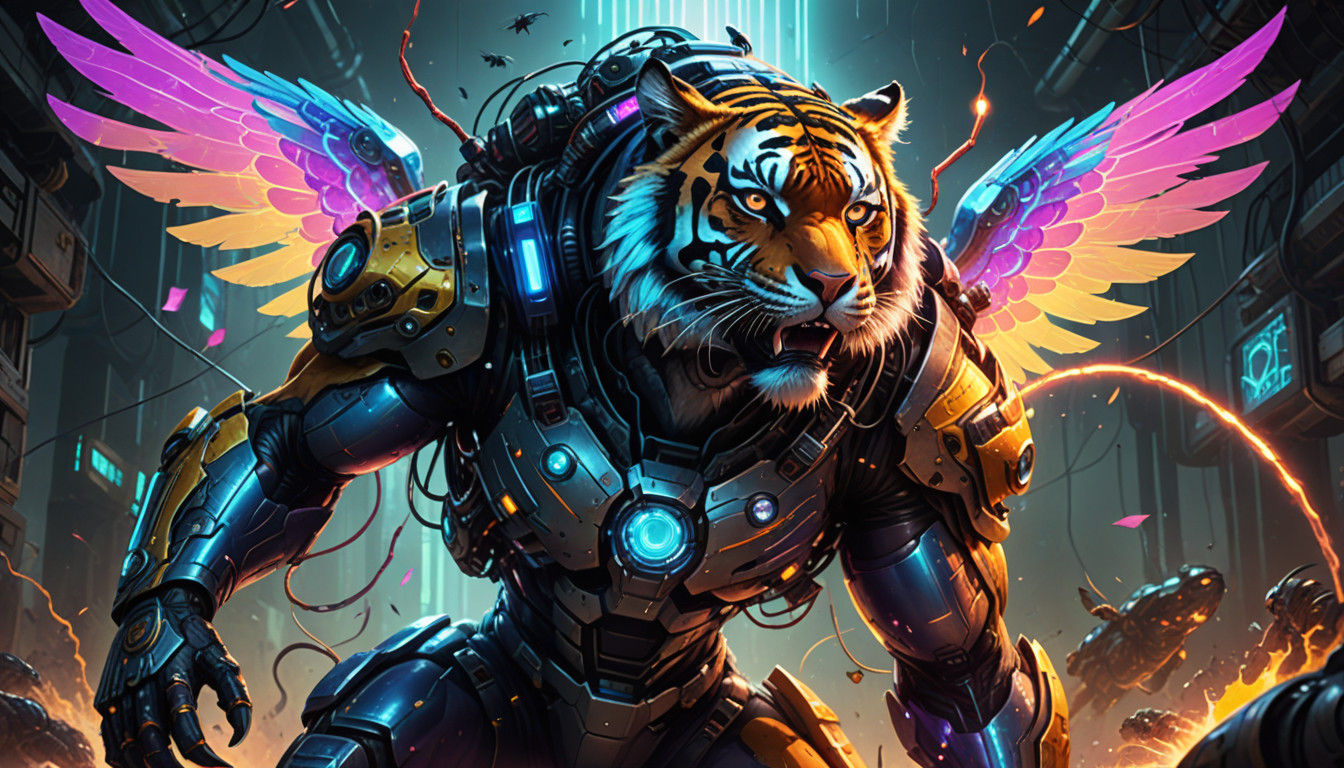 Cybernetic Tiger Battles Alien Insects in a Neon-Lit Landsca...