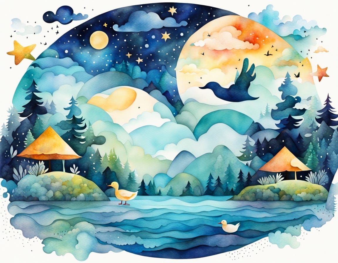 Dreamlike Angelic Landscape with Forest, Ocean, and Starry S...