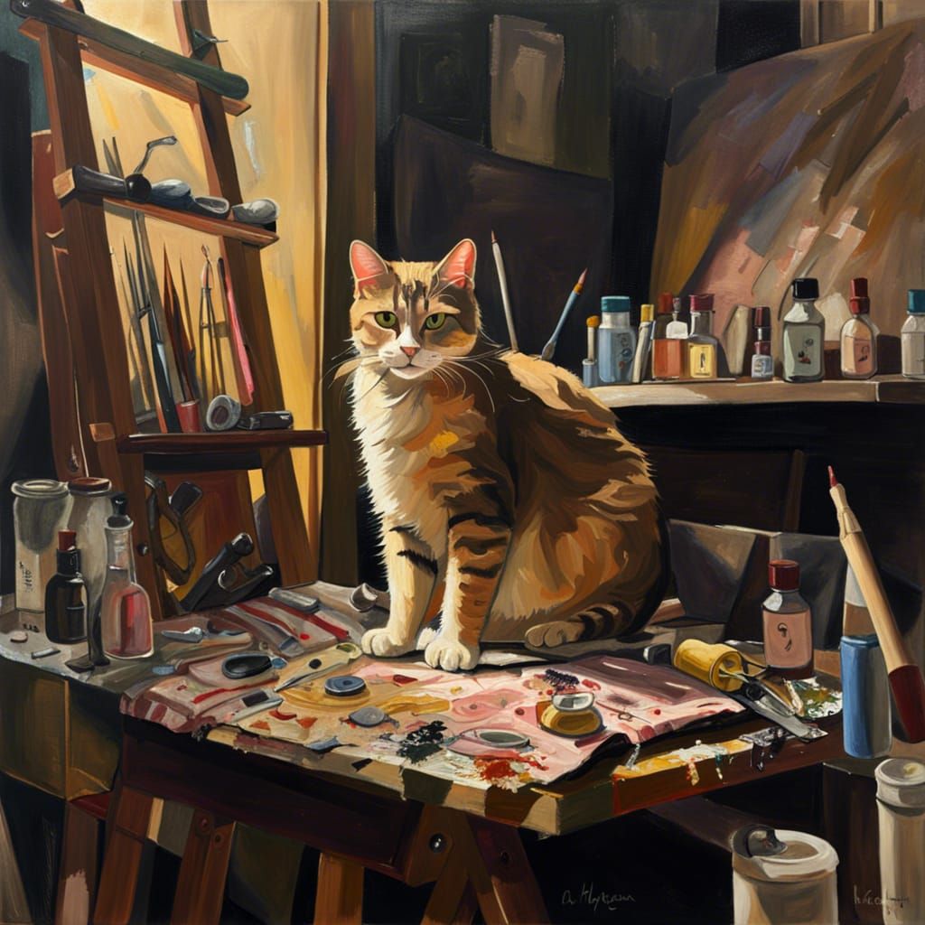 Cat Painting Self-Portrait in Cluttered Studio as Oil Painti...