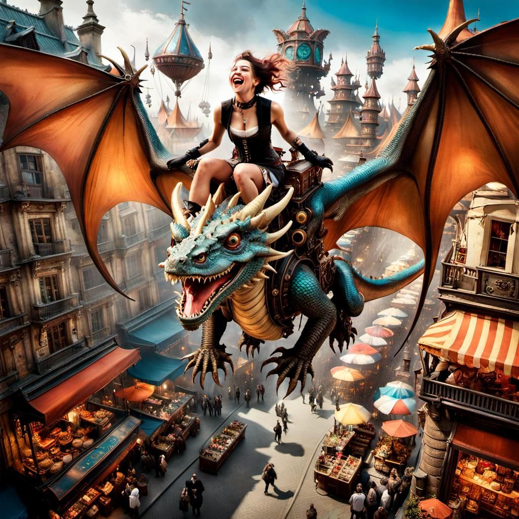 Steampunk Adventurer on Dragon Above Fantasy Market