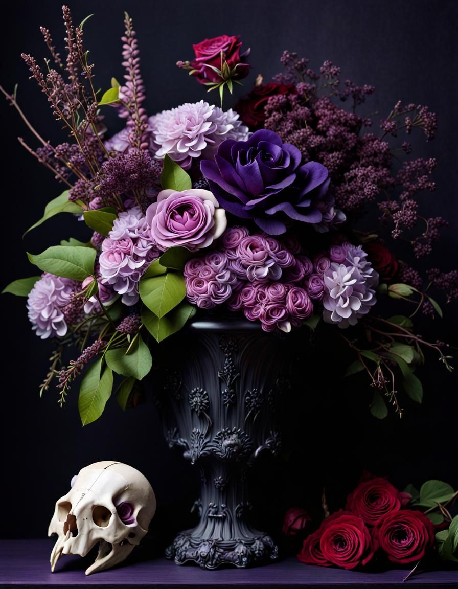 Gothic Flower Arrangement with Ram Skull Still Life