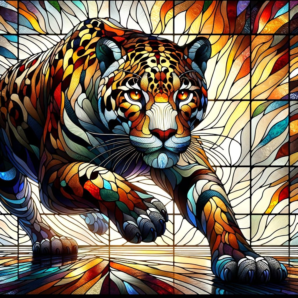 Majestic Jaguar Stained Glass Window Ready to Pounce